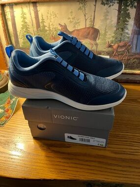 Vionic Reign Blue Mesh Slip-On Sneaker denim friendly